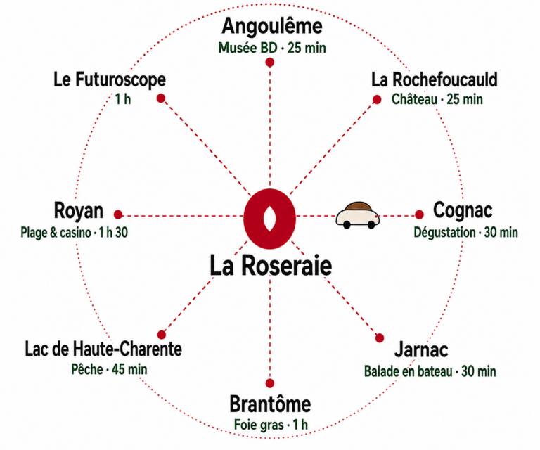 Carte illustrée des distances autour de La Roseraie : Angoulême, La Rochefoucauld, Cognac, Jarnac, Brantôme, Lac de Haute-Charente, Royan et le Futuroscope